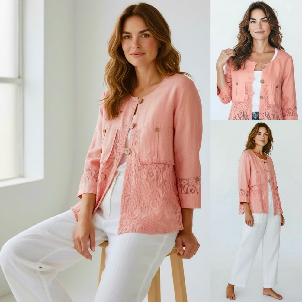 Ali Miles Boho 100% Linen Lace Cardigan 3/4 Sleeves Button Front Crew Neck